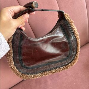Cole Haan Dark Brown Leather Hobo Bag with Fur Trim